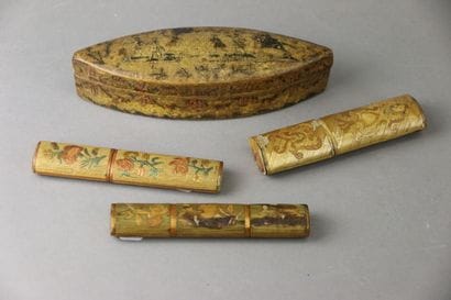 Three polychrome straw marquetry cases, two...
