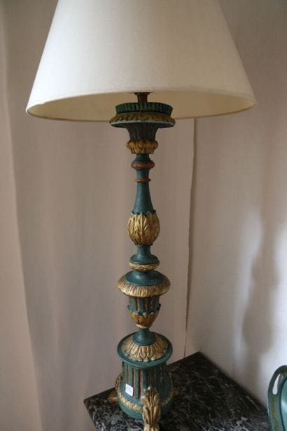 Church candlestick mounted as a lamp in carved...