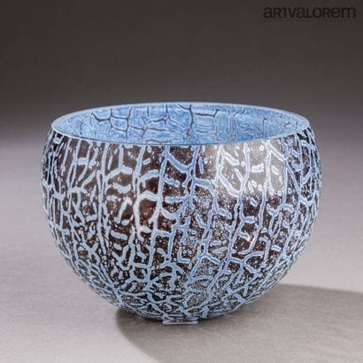 Glass ball vase with light blue vermiculated...