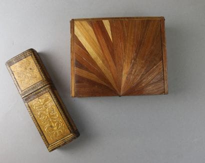 A straw marquetry travel cutlery case decorated...