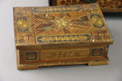 A polychrome straw marquetry sewing set decorated...