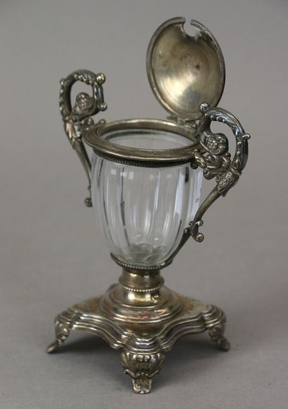 Covered mustard pot in 950°/°° silver, the...