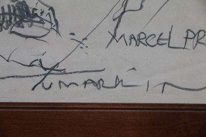 Two pencil caricatures of Hitchcock, Marcel...