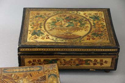 A polychrome straw marquetry sewing set decorated...