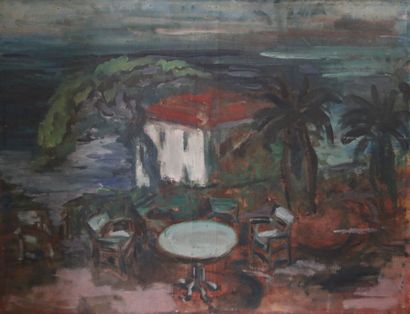 XXth century SCHOOL,
Terrace, 
Oil on canvas....