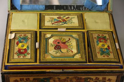 A polychrome straw marquetry sewing set decorated...