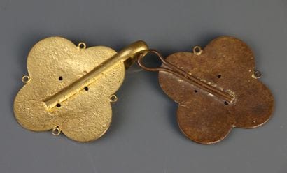 Gilt metal four-lobed cloak buckle with enameled...
