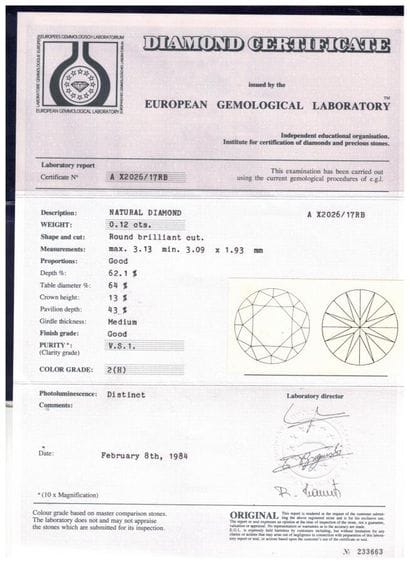 Sealed brilliant-cut diamond, 0.12 carat.
EGL...