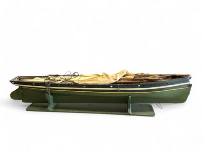 Three-masted wooden dock boat, hull painted...