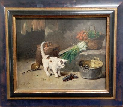 LATEST OF THE 19th CENTURY.
Cat with crayfish.
Oil...