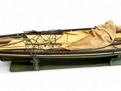 Three-masted wooden dock boat, hull painted...