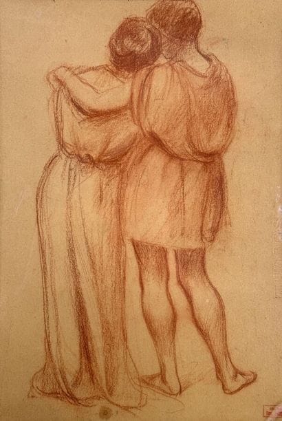 Hippolyte PETITJEAN (1854-1929).
Couple embracing.
Sanguine...