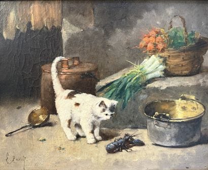 LATEST OF THE 19th CENTURY.
Cat with crayfish.
Oil...