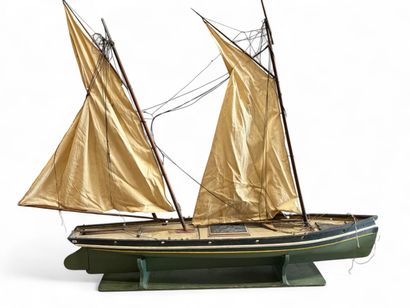 Three-masted wooden dock boat, hull painted...