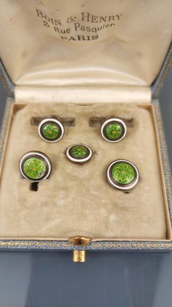 White and green enamelled metal set with...