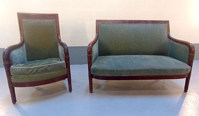 Fauteuil et banquette en bois et placage,...