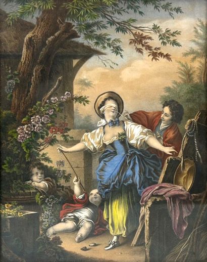 Paire de gravures en couleurs rehaussées...