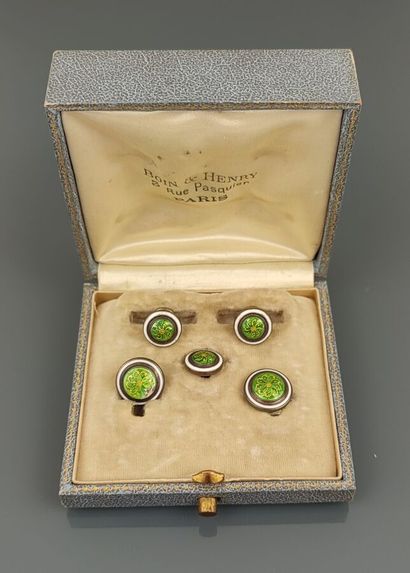 Ensemble en métal émaillé blanc et vert à...
