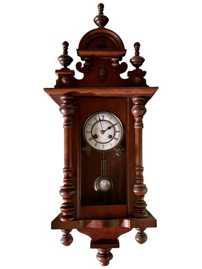Mahogany veneered chime, white enameled dial...