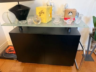 Sideboard in black plywood, sandblasted glass...