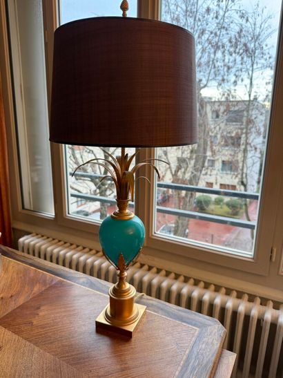 Pied de lampe ananas en verre opalin bleuté...