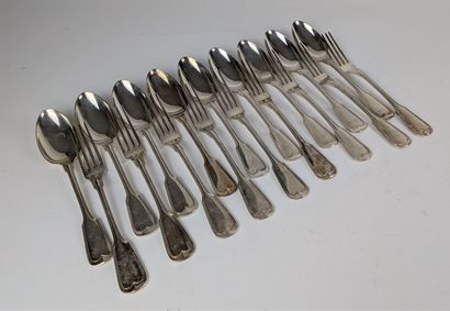 Neuf couverts en argent 800°/°° modèle filet.
Travail...