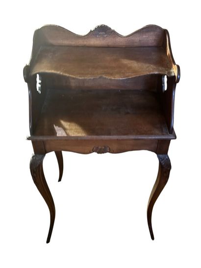 Natural wood side table, curved base decorated...