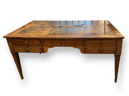 Veneered flat desk opening with three drawers...
