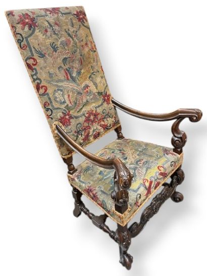 Straight-backed armchair upholstered in tapestry....