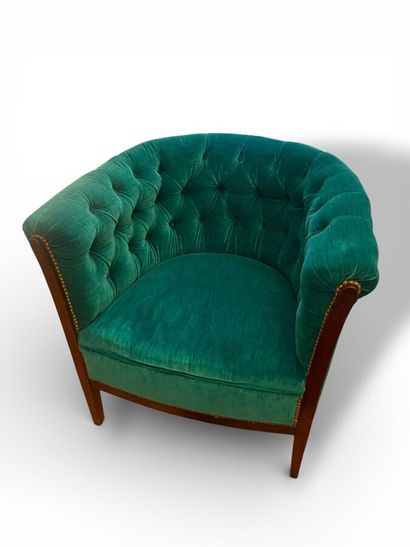 Wooden club armchair with duck blue fabric...