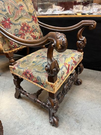 Straight-backed armchair upholstered in tapestry....