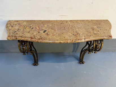 Pair of gilded wrought-iron consoles, curved...