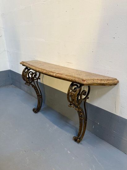 Pair of gilded wrought-iron consoles, curved...