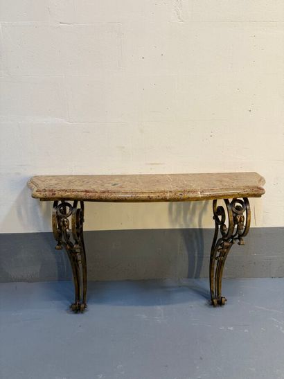Pair of gilded wrought-iron consoles, curved...