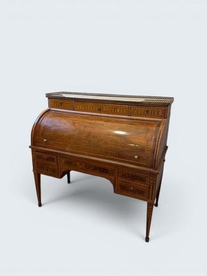 Cylindrical desk with a veneer inlaid with...