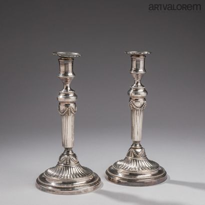 Pair of silver-plated bronze candlesticks,...