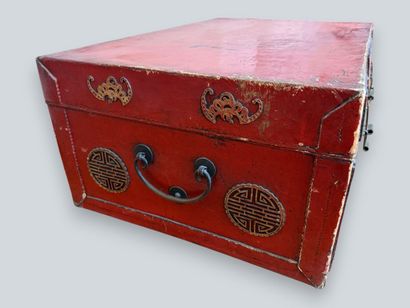 CHINA - 20TH CENTURY 
Two red lacquered leather...