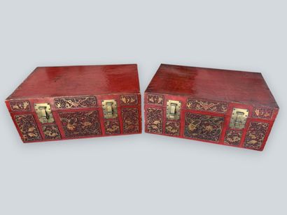 CHINA - 20TH CENTURY 
Two red lacquered leather...