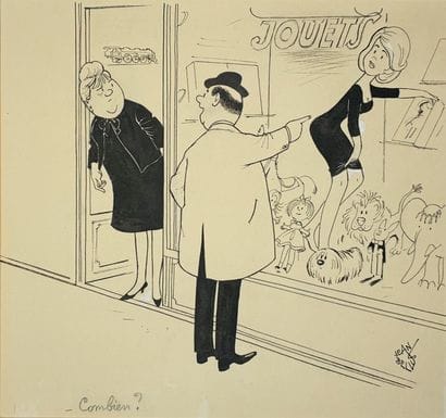 BELLUS, Jean. 
“How Much?” 
Black ink drawing...