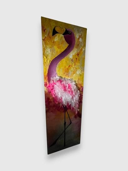 Pink Ibis, 
Mixed media, oil, and feathers...