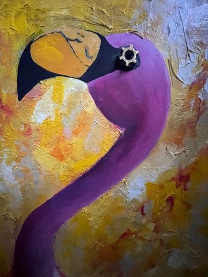 Pink Ibis, 
Mixed media, oil, and feathers...