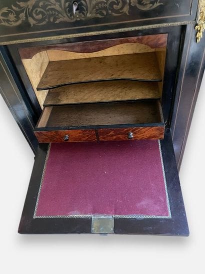 Blackened, inlaid wooden drop-leaf desk with...