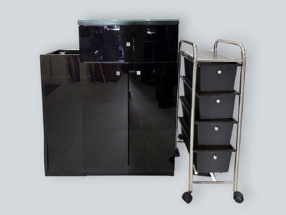 Four-drawer rolling sideboard with plastic...