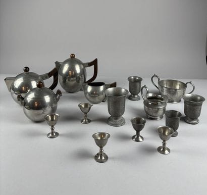 Spherical pewter tea set with rosewood handles...