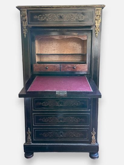 Blackened, inlaid wooden drop-leaf desk with...
