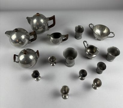 Spherical pewter tea set with rosewood handles...
