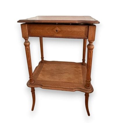 Walnut sewing table with a drop-down flap...