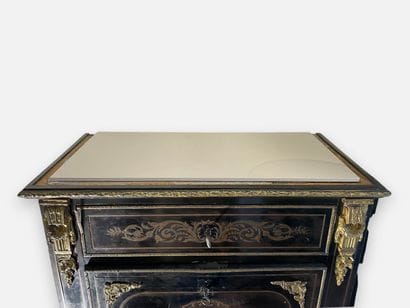 Blackened, inlaid wooden drop-leaf desk with...