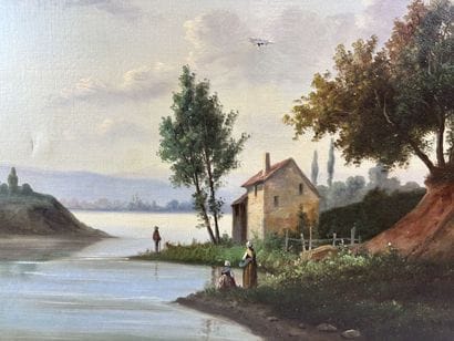 19TH-CENTURY SCHOOL
Lively lakeside scene,
Oil...