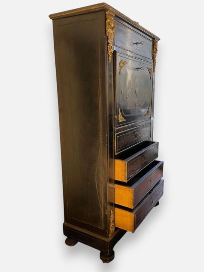 Blackened, inlaid wooden drop-leaf desk with...